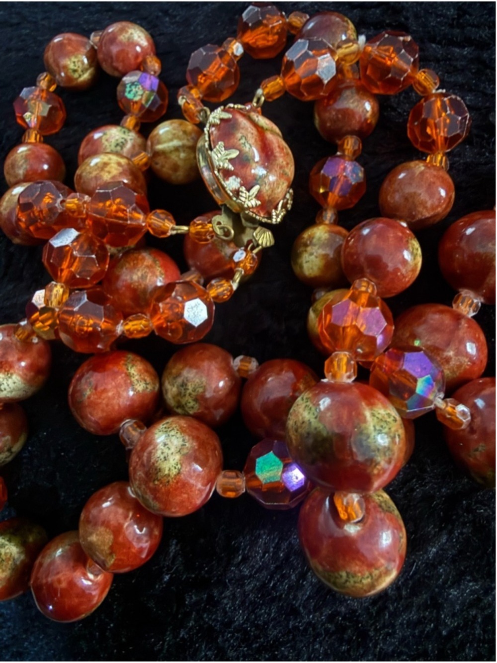 Vintage West Germany Glass Bead Necklace Pink Orange AB Crystal Double Strand